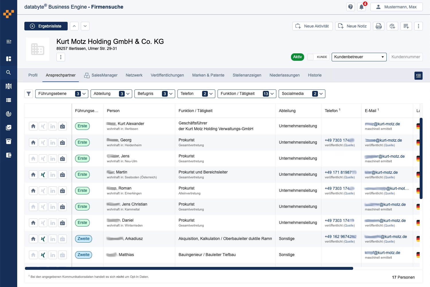 Screenshot eines detaillierten Firmenprofils mit Unternehmensinformationen
