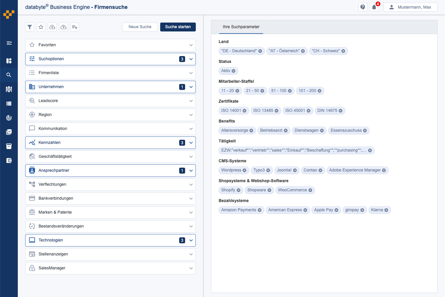 Screenshot der Business Engine Suchmaske mit Filtern für Zielgruppen und Entscheider