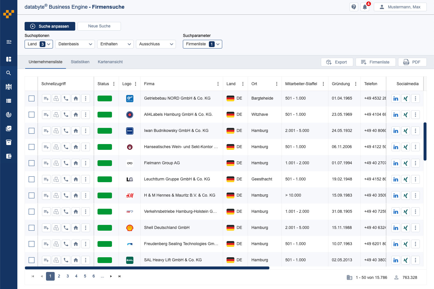 Screenshot der Ergebnisliste mit Lead-Management-Funktionen
