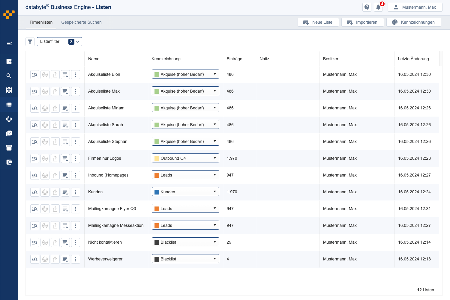 Screenshot des Kampagnenmanagements mit Firmenlisten für systematische Leadbearbeitung