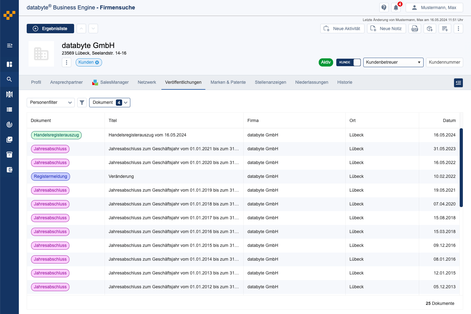 Screenshot der Dokumentenbibliothek mit Jahresabschlüssen und HR-Dokumenten